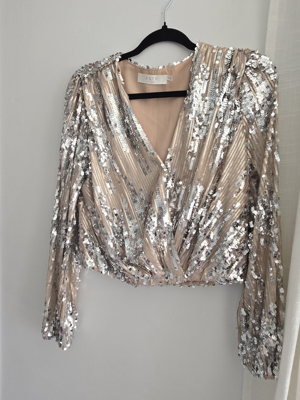 Sequined Champagne and Silver Long Sleeve Wrap Top